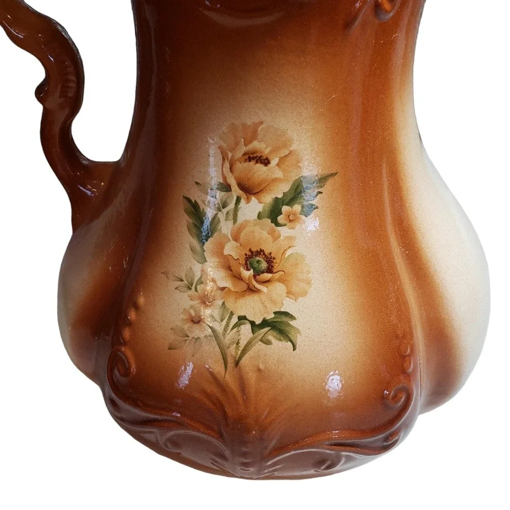 Antique Ironstone‎ USA Water Pitcher Copper Rust Ombre Floral